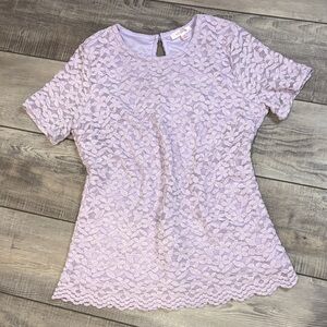 Teddi Rose Lavender Floral Lace Scalloped Hem Short Sleeve Top Fully Lined EUC M